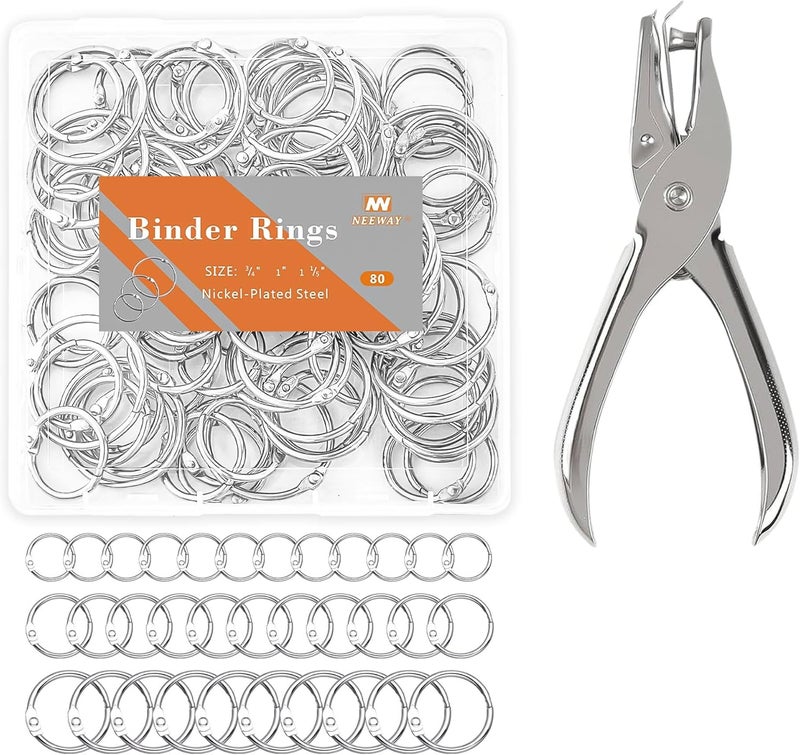 NEEWAY 80pcs Loose Leaf Binder Rings Assorted Sizes (0.75, 1, 1.2 Inch), Book Rings with Single Hole Punch, Metal Ring for Crafts - Image 1